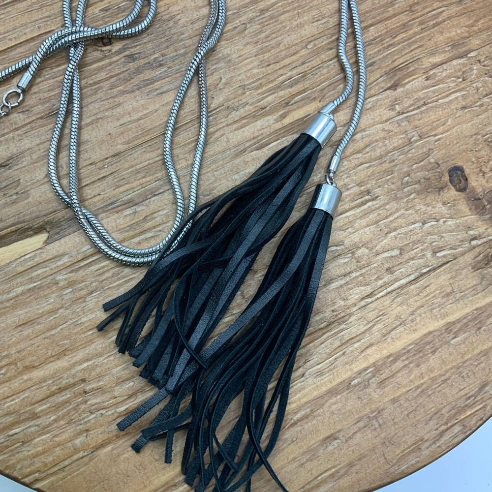 White House Black Market Silver Tone Snake Chain Black Leather Tassels Necklace